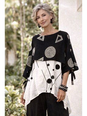 Feratelli Lagenlook Tunic S Art To Wear Black White Abstract Layered Top Artsy